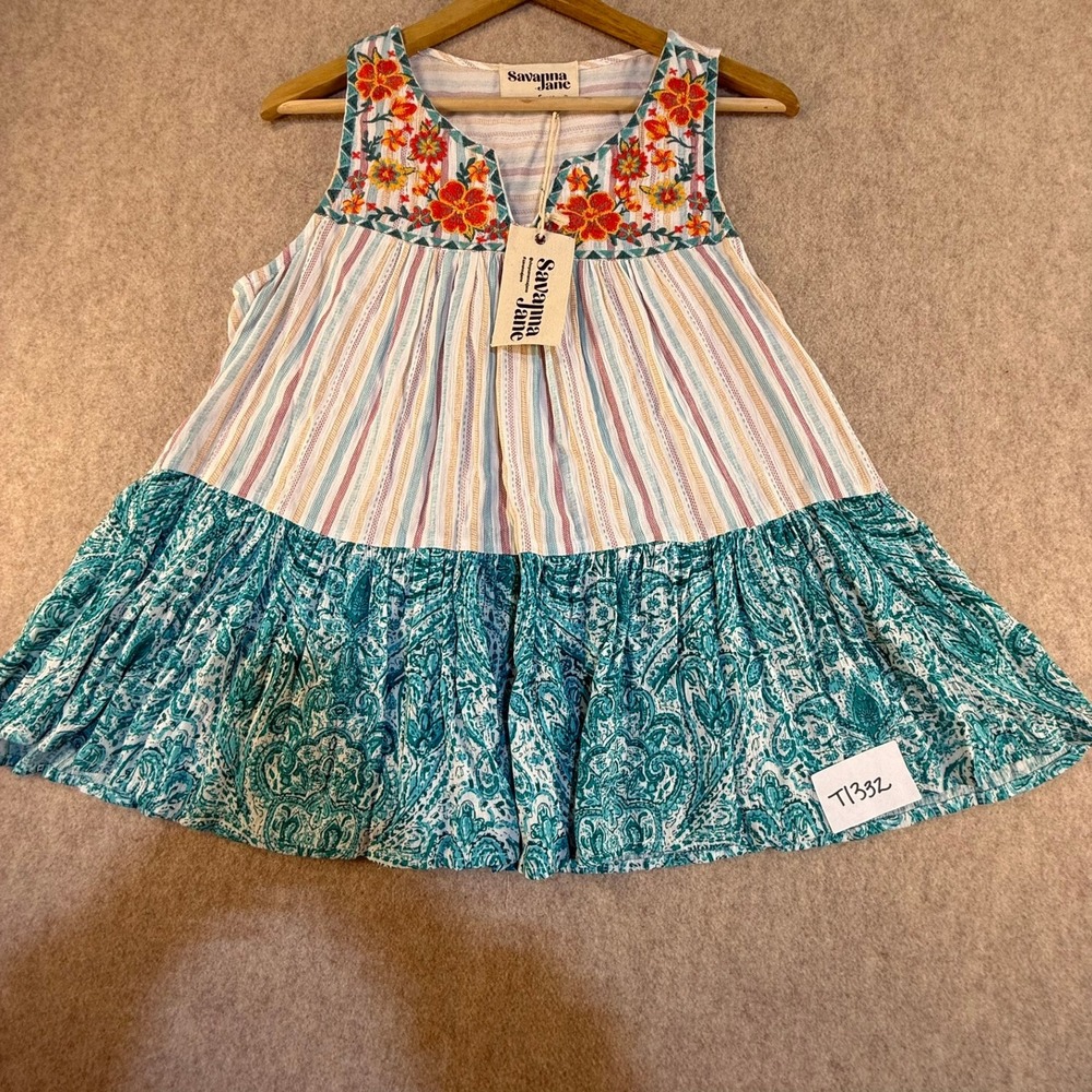 Savanna Jane Embroidered Floral Striped Paisley Tiered Sleeveless Top Small NEW - Picture 1 of 8